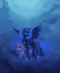 Size: 988x1200 | Tagged: dead source, safe, artist:maggwai, character:princess luna, character:sweetie belle, species:alicorn, species:pony, species:unicorn, blank flank, cloud, dream, female, filly, fog, frown, lidded eyes, looking up, night, raised hoof, sky, spread wings, stars, wing fluff, wings