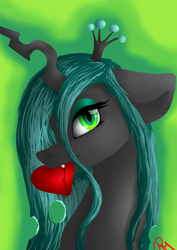 Size: 2480x3496 | Tagged: safe, artist:moon-wing, character:queen chrysalis, species:changeling, blood, female, heart, looking at you, mouth hold, portrait, solo