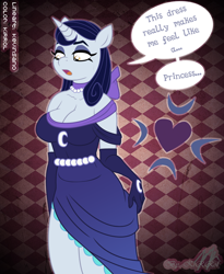 Size: 900x1098 | Tagged: safe, artist:kevinsano edits, artist:kirrol, edit, character:moonlight raven, species:anthro, episode:canterlot boutique, g4, my little pony: friendship is magic, busty moonlight raven, cleavage, clothing, colored, dialogue, dress, evening gloves, female, gloves, necklace, over the moon, side slit, solo