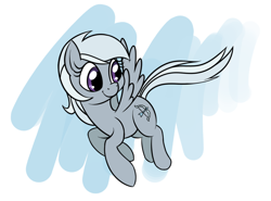 Size: 900x667 | Tagged: dead source, safe, artist:helhoof, character:silverspeed, species:pegasus, species:pony, abstract background, background pony, female, flying, looking back, mare, simple background, smiling, solo, white background