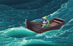 Size: 1024x655 | Tagged: dead source, safe, artist:maggwai, character:sweetie belle, boat, female, ocean, raincoat, solo