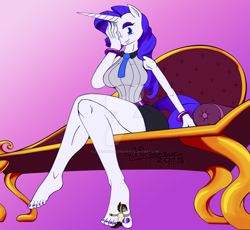 Size: 1024x941 | Tagged: safe, artist:artistafrustrado, character:rarity, oc, species:anthro, species:plantigrade anthro, barefoot, breasts, busty rarity, colored, commission, feet, female, foot fetish, giant anthro, micro, size difference, watermark