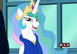 Size: 1024x723 | Tagged: safe, artist:artattax, character:princess celestia, species:alicorn, species:pony, carlos, clothing, crown, female, hoodie, jewelry, lidded eyes, magic school bus, meme, open mouth, parody, regalia, shit eating grin, smiling, smirk, solo