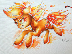 Size: 3264x2448 | Tagged: safe, artist:yellowrobin, character:applejack, female, fire, gritted teeth, loose hair, rage, running, solo, traditional art, watercolor painting