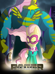 Size: 1500x2000 | Tagged: safe, artist:knadire, artist:knadow-the-hechidna, character:fluttershy, character:mayor mare, character:saddle rager, species:pony, episode:power ponies, g4, my little pony: friendship is magic, bipedal, flutterhulk, mashup, parody, poster, the incredible hulk