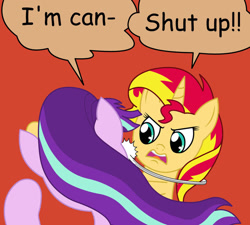 Size: 942x848 | Tagged: safe, artist:artattax, character:starlight glimmer, character:sunset shimmer, species:pony, species:unicorn, abuse, batman slaps robin, canon, glimmerbuse, meme, my parents are dead, slapping, sunset vs starlight debate