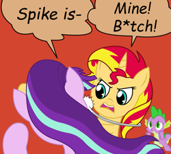 Size: 1023x919 | Tagged: safe, artist:artattax, artist:jonnydash, character:spike, character:starlight glimmer, character:sunset shimmer, species:pony, ship:sparlight, ship:sunsetspike, my little pony:equestria girls, angry, bitch slap, catfight, female, fight, love triangle, male, meme, my parents are dead, punch, shipping, spike gets all the mares, straight, sunset vs starlight debate, this will end in tears, vulgar