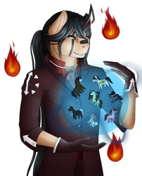Size: 1000x1238 | Tagged: safe, artist:imreer, oc, oc only, species:anthro, species:pony, anthro with ponies, clothing, coat, fire, gloves, magic, smiling