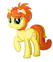 Size: 824x970 | Tagged: safe, artist:ikuvaito, oc, oc only, oc:sunny day, bow, freckles, hair bow, looking at you, ponytail, raised hoof, smiling, solo