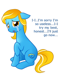 Size: 1225x1475 | Tagged: safe, artist:staticwave12, oc, oc only, oc:internet explorer, species:earth pony, species:pony, browser ponies, crying, dialogue, female, floppy ears, internet browser, internet explorer, looking at you, mare, open mouth, ponified, raised hoof, sad, simple background, sitting, solo, transparent background