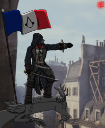 Size: 1650x2000 | Tagged: safe, artist:lucandreus, character:discord, species:anthro, species:unguligrade anthro, arno dorian, assassin's creed, assassin's creed unity, crossover, french flag, saber, weapon