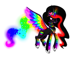 Size: 1750x1350 | Tagged: safe, artist:staticwave12, oc, oc only, oc:neon boom, oc:princess neon boom, species:alicorn, species:pony, alicorn oc, colored horn, colored wings, commission, ethereal mane, multicolored wings, rainbow tail, rainbow wings, simple background, solo, transparent background
