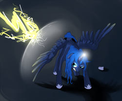 Size: 900x750 | Tagged: safe, artist:bugiling, character:princess luna, angry, female, fight, force field, magic, solo