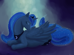 Size: 1200x900 | Tagged: safe, artist:bugiling, character:princess luna, eyes closed, female, prone, solo