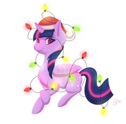 Size: 1692x1673 | Tagged: safe, artist:miss-cats, character:twilight sparkle, character:twilight sparkle (alicorn), species:alicorn, species:pony, chest fluff, christmas lights, clothing, female, hat, mare, prone, santa hat, simple background, solo