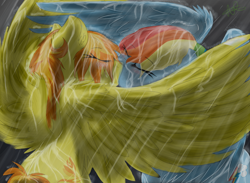 Size: 3000x2200 | Tagged: safe, artist:scarletsfeed, character:rainbow dash, character:spitfire, ship:spitdash, female, kissing, lesbian, rain, romantic, shipping