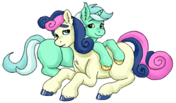 Size: 3308x1928 | Tagged: safe, artist:graffiti, character:bon bon, character:lyra heartstrings, character:sweetie drops, species:earth pony, species:pony, species:unicorn, ship:lyrabon, chest fluff, colored hooves, ear fluff, female, flockmod, lesbian, lidded eyes, looking at each other, missing cutie mark, prone, shipping, simple background