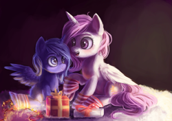 Size: 817x575 | Tagged: dead source, safe, artist:annielith, character:princess celestia, character:princess luna, cewestia, clothing, filly, pink-mane celestia, present, socks, striped socks, woona