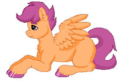Size: 299x202 | Tagged: safe, artist:graffiti, character:scootaloo, female, pixel art, prone, sad, simple background, solo, transparent background
