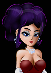 Size: 487x690 | Tagged: safe, artist:ltrm35a2, character:rarity, species:human, alternate hairstyle, bedroom eyes, breasts, bust, busty rarity, cleavage, earring, female, humanized, lipstick, looking at you, necklace, piercing, red dress, solo