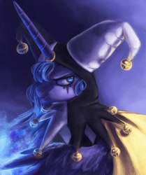 Size: 841x1005 | Tagged: safe, artist:annielith, character:princess luna, bells, clothing, female, jester, redraw, solo, sparkles