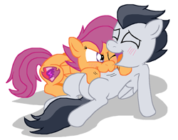Size: 2496x1968 | Tagged: safe, artist:tagman007, character:rumble, character:scootaloo, species:pegasus, species:pony, ship:rumbloo, colt, cutie mark, female, filly, male, raspberry, shipping, straight, the cmc's cutie marks, tickling, tummy buzz