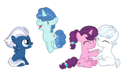 Size: 1920x1080 | Tagged: dead source, safe, artist:avisola, character:double diamond, character:night glider, character:party favor, character:sugar belle, species:pony, colt, cute, dawwww, double dawwmond, equal four, eyes closed, favorbetes, filly, glideabetes, grin, hug, male, open mouth, pronking, simple background, sitting, smiling, sugarbetes, transparent background, vector, younger