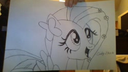 Size: 1024x576 | Tagged: safe, artist:dcdavid28, character:fluttershy, episode:the best night ever, g4, my little pony: friendship is magic, clothing, dress, female, gala dress, kindness, monochrome, pencil drawing, photo, solo, traditional art