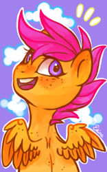 Size: 250x400 | Tagged: safe, artist:yellowrobin, character:scootaloo, female, freckles, looking back, open mouth, simple background, smiling, solo
