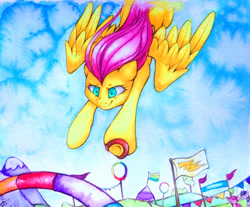 Size: 2329x1932 | Tagged: safe, artist:yellowrobin, character:fluttershy, episode:equestria games, g4, my little pony: friendship is magic, aerial relay, female, flying, pennant, racing, solo, traditional art, watercolor painting