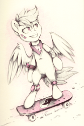 Size: 2000x2987 | Tagged: safe, artist:yellowrobin, character:scootaloo, species:pony, bandage, bandana, bipedal, cutie mark, female, grin, looking back, simple background, skateboard, skating, solo, the cmc's cutie marks, traditional art