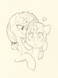 Size: 3617x4809 | Tagged: safe, artist:yellowrobin, character:sunset shimmer, character:twilight sparkle, species:pony, ship:sunsetsparkle, blushing, female, heart, kiss on the cheek, kissing, lesbian, monochrome, pencil drawing, shipping, simple background, traditional art