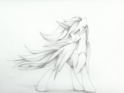 Size: 1600x1203 | Tagged: safe, artist:yellowrobin, character:princess celestia, alternate hairstyle, bedroom eyes, female, grayscale, looking at you, monochrome, pencil drawing, raised hoof, simple background, solo, traditional art, white background