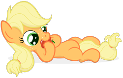 Size: 3895x2473 | Tagged: safe, artist:manateemckenzie, character:applejack, species:earth pony, species:pony, apple, eating, female, filly, foal, freckles, high res, obligatory apple, on back, simple background, solo, that pony sure does love apples, transparent background