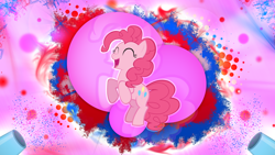 Size: 2560x1440 | Tagged: safe, artist:peachspices, artist:skrayp, character:pinkie pie, confetti, eyes closed, party cannon, remake, vector, wallpaper
