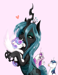 Size: 1550x2000 | Tagged: safe, artist:dzetawmdunion, character:princess cadance, character:princess flurry heart, character:queen chrysalis, character:shining armor, species:alicorn, species:changeling, species:pony, species:unicorn, episode:the crystalling, g4, my little pony: friendship is magic, "responsible father" armor, :d, :t, auntie chrissy, blushing, cadance is not amused, changeling queen, cute, cutealis, derp, disapproval, eyes closed, female, filly, floppy ears, flurrybetes, glare, heart, hug, lidded eyes, male, mare, mommy chrissy, nuzzling, open mouth, shining armor is a goddamn moron, smiling, smug, spread wings, stallion, unamused, wavy mouth, wings