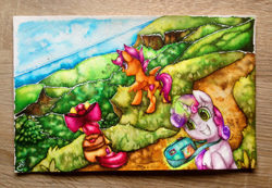 Size: 2000x1383 | Tagged: safe, artist:yellowrobin, character:apple bloom, character:scootaloo, character:sweetie belle, backpack, camera, cutie mark, cutie mark crusaders, open mouth, smiling, the cmc's cutie marks, traditional art