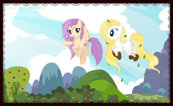 Size: 1024x629 | Tagged: safe, artist:seiani, oc, oc only, oc:cobalt tangle, oc:sweet gale, species:pegasus, species:pony, contest entry, duo, female, flying, mare, mud, muddy, muddy hooves, pink hair, pink mane, pointing, spread wings, white coat, wings, yellow hair, yellow mane