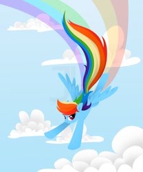 Size: 900x1080 | Tagged: safe, artist:creamy_roux, character:rainbow dash, species:pegasus, species:pony, cloud, female, flying, looking at you, mare, rainbow trail, sky, smiling, spread wings, windswept mane, wings