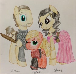 Size: 1866x1820 | Tagged: safe, artist:qemma, species:earth pony, species:pony, a song of ice and fire, armor, bronn, game of thrones, ponified, scar, shae, simple background, sword, tyrion lannister, weapon, white background