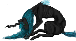 Size: 430x232 | Tagged: source needed, safe, artist:graffiti, character:queen chrysalis, species:changeling, female, sad, simple background, sitting, skinny, solo, transparent background