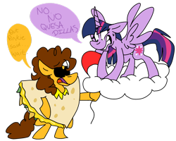 Size: 1024x821 | Tagged: safe, artist:dizzee-toaster, character:cheese sandwich, character:twilight sparkle, character:twilight sparkle (alicorn), species:alicorn, species:pony, balloon, clothing, cloud, costume, dialogue, female, food, frown, gritted teeth, mare, quesadilla, simple background, spread wings, they're just so cheesy, transparent background, wings