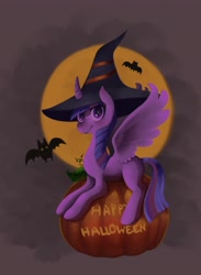 Size: 3244x4443 | Tagged: safe, artist:miss-cats, character:twilight sparkle, character:twilight sparkle (alicorn), species:alicorn, species:bat, species:pony, clothing, female, food, halloween, hat, looking at you, mare, missing cutie mark, pumpkin, smiling, solo, spread wings, wings, witch hat