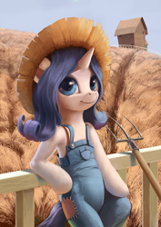 Size: 1024x1449 | Tagged: dead source, safe, artist:maggwai, character:rarity, species:pony, species:unicorn, episode:simple ways, g4, my little pony: friendship is magic, barn, bipedal, bipedal leaning, clothing, farmer, female, fence, field, hat, mare, overalls, pitchfork, rarihick, scenery, solo, straw hat