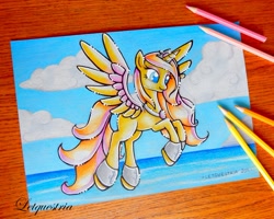 Size: 800x641 | Tagged: safe, artist:ltiachan, oc, oc only, oc:ariona, species:alicorn, species:pony, alicorn oc, cloud, colored pencil drawing, horn, solo, traditional art, wings