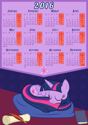 Size: 3508x4961 | Tagged: safe, artist:e-49, character:twilight sparkle, character:twilight sparkle (alicorn), species:alicorn, species:pony, beanbag, beanbag chair, book, calendar, calendar2016, female, mare, quill, scroll, sleeping, vector