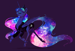 Size: 2005x1379 | Tagged: safe, artist:graypaint, character:princess luna, species:alicorn, species:classical unicorn, species:pony, clothing, cloven hooves, ethereal mane, eyes closed, female, galaxy mane, hoodie, leg fluff, leonine tail, mare, purple background, simple background, smiling, solo, unshorn fetlocks, walking