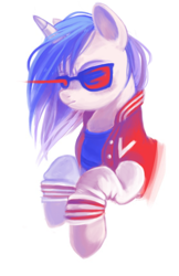 Size: 558x859 | Tagged: safe, artist:annielith, character:dj pon-3, character:vinyl scratch, clothing, crossover, female, jacket, kavinsky, solo