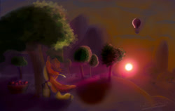 Size: 1920x1212 | Tagged: safe, artist:naterrang, edit, character:applejack, alcohol, apple, balloon, cider, color edit, colored, female, food, peaceful, scenery, solo, sunset, tree