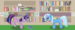 Size: 8739x3489 | Tagged: safe, artist:e-49, character:derpy hooves, character:trixie, character:twilight sparkle, character:twilight sparkle (alicorn), species:alicorn, species:pony, book, female, food, magic, mare, muffin, tail hold, telekinesis, vector